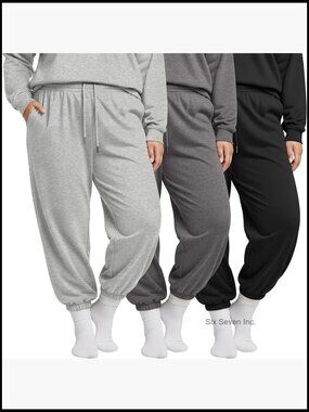 Plus Size Sweatpants 3 Pack High Waisted Joggers with Pockets Lightweight Lounge